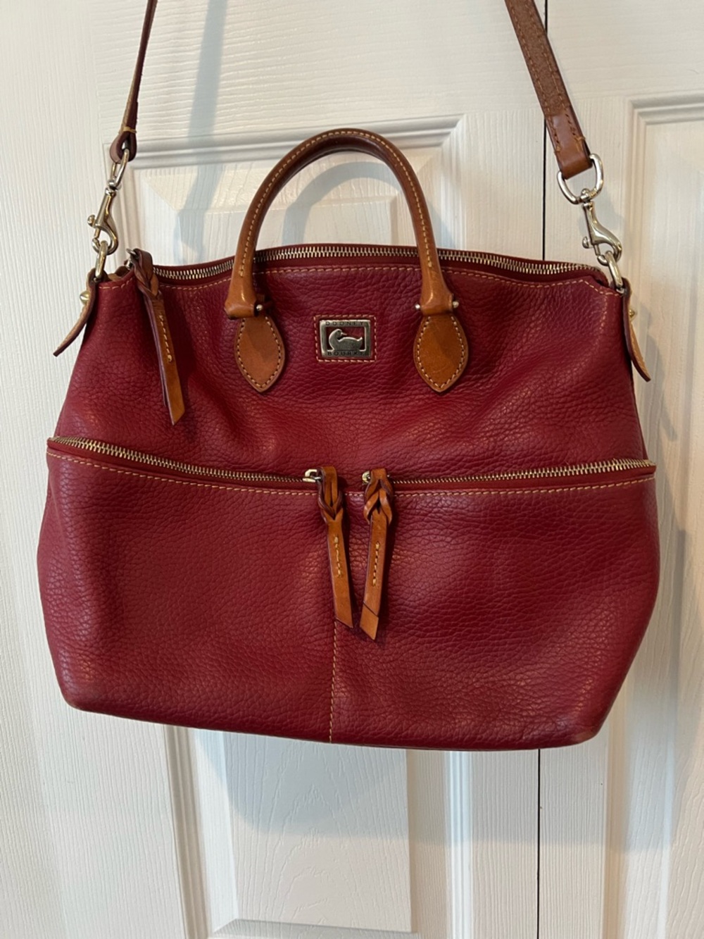 Dooney & Bourke Deep Rust Pebbled Leather Satchel with Tan Trim